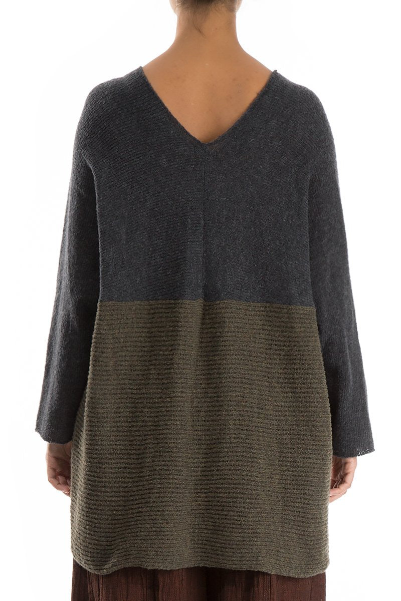 V-Neck Dark Grey &amp; Khaki Wool Sweater