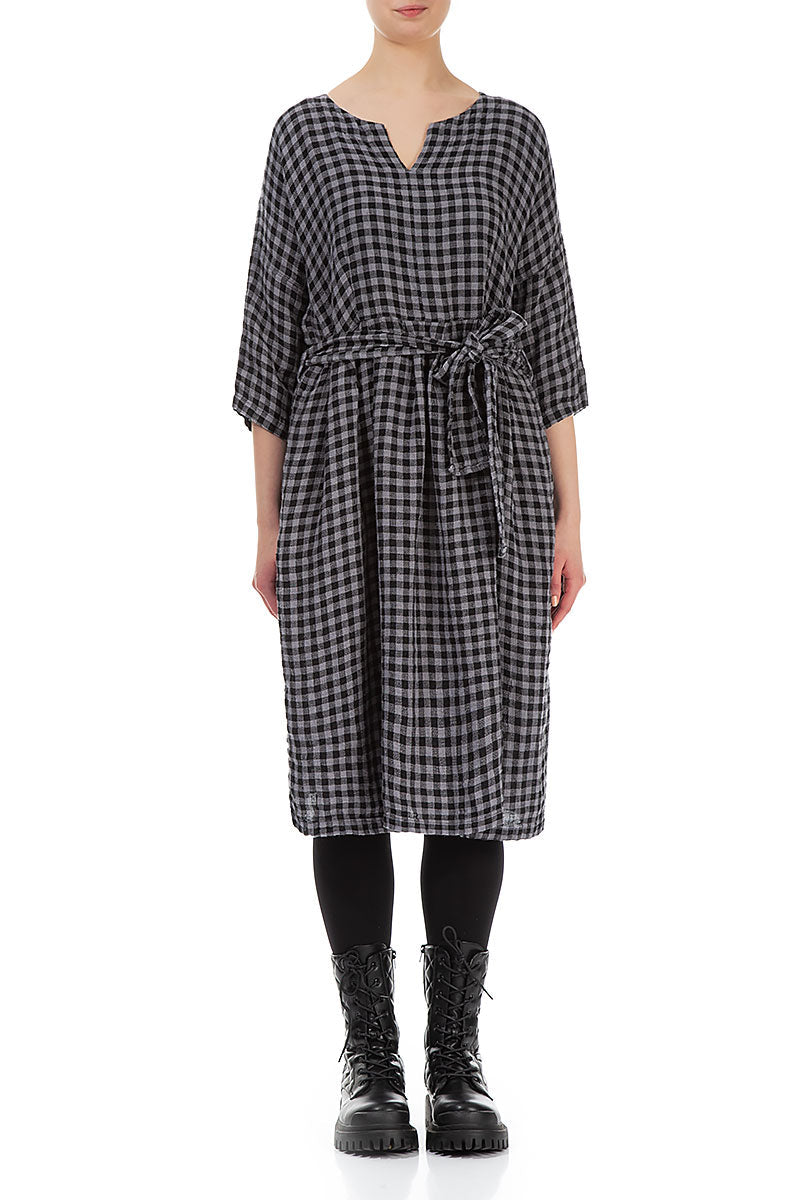 V-Neck Grey Check Linen Dress