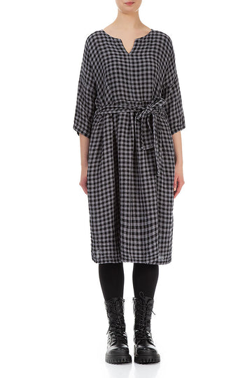 V-Neck Grey Check Linen Dress