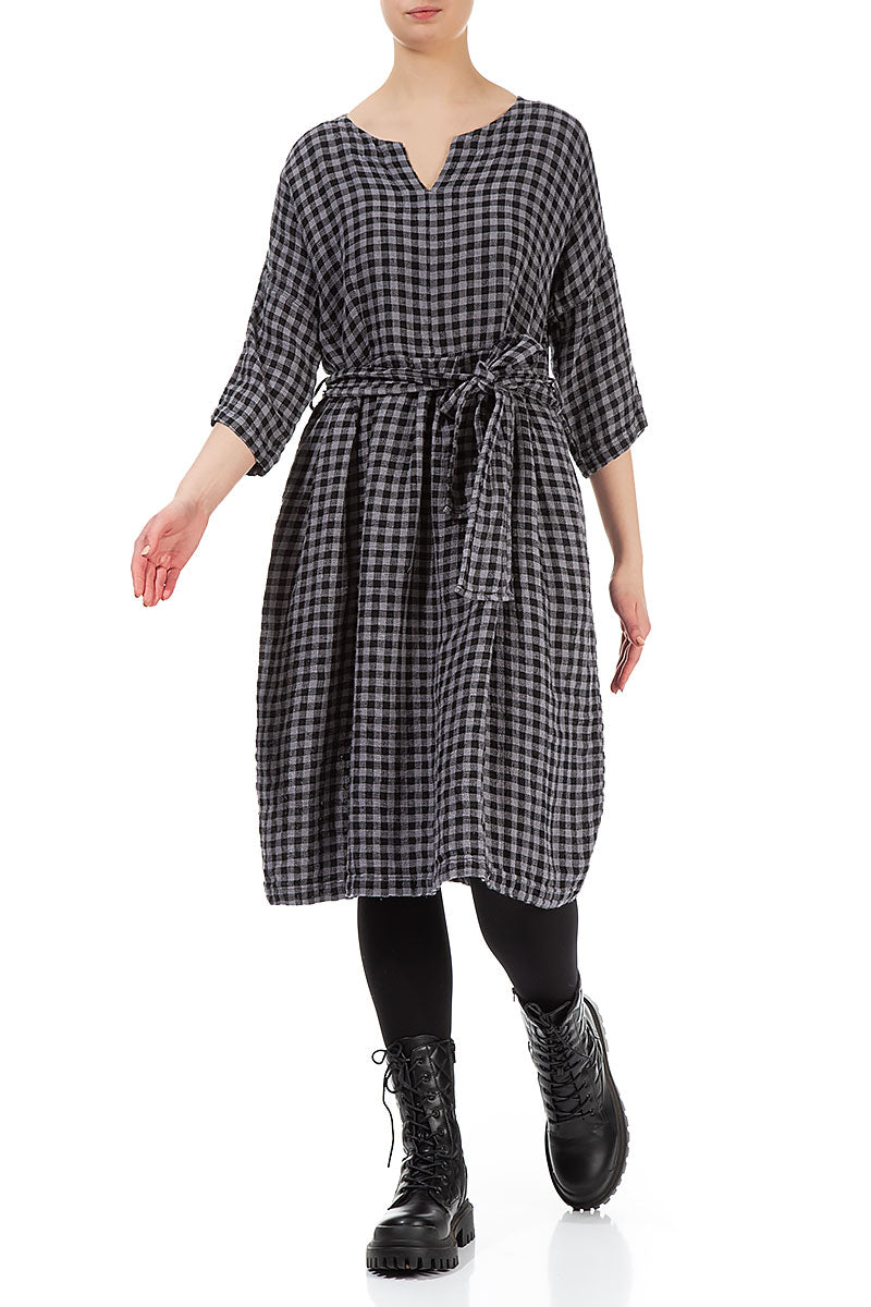 V-Neck Grey Check Linen Dress