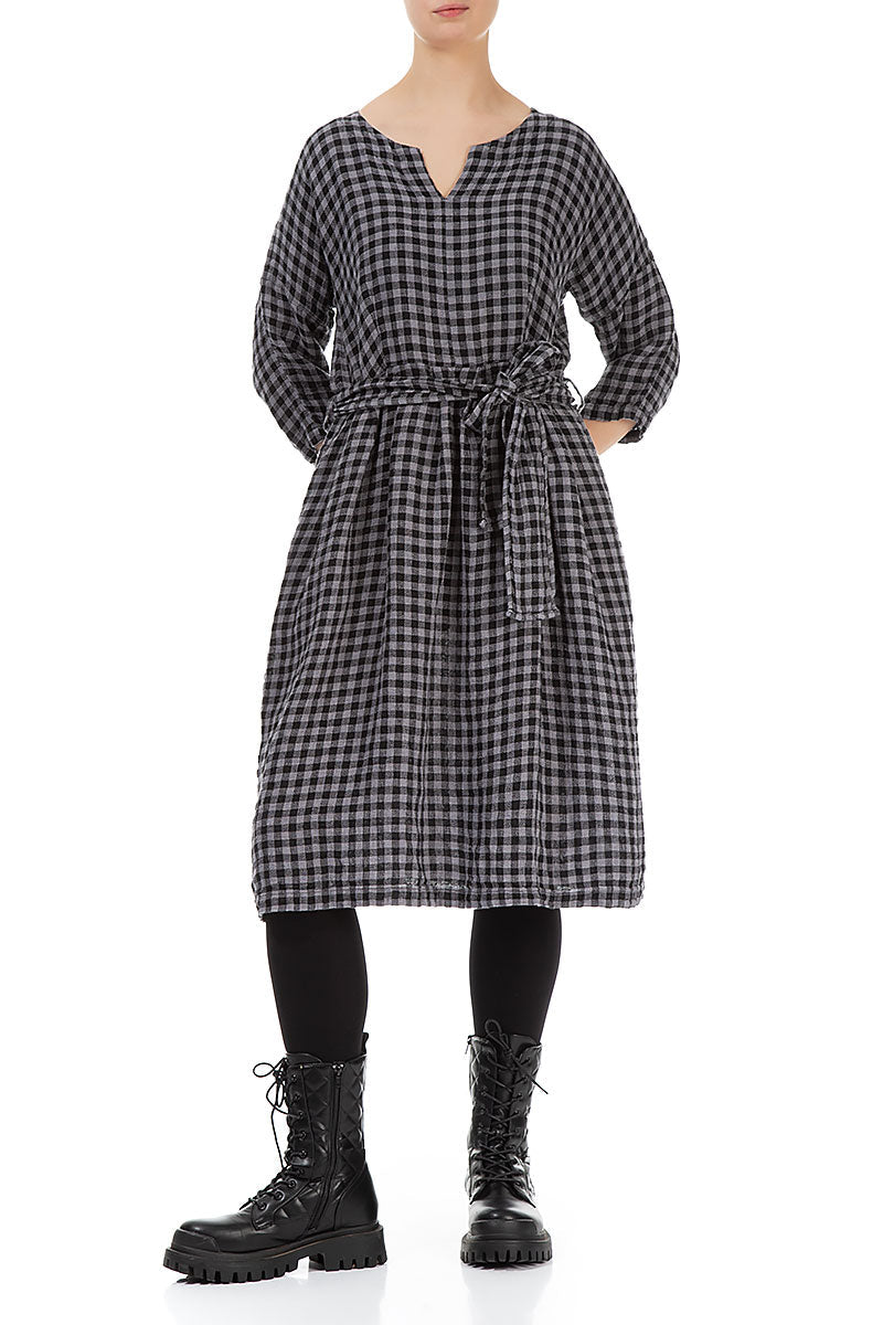 V-Neck Grey Check Linen Dress