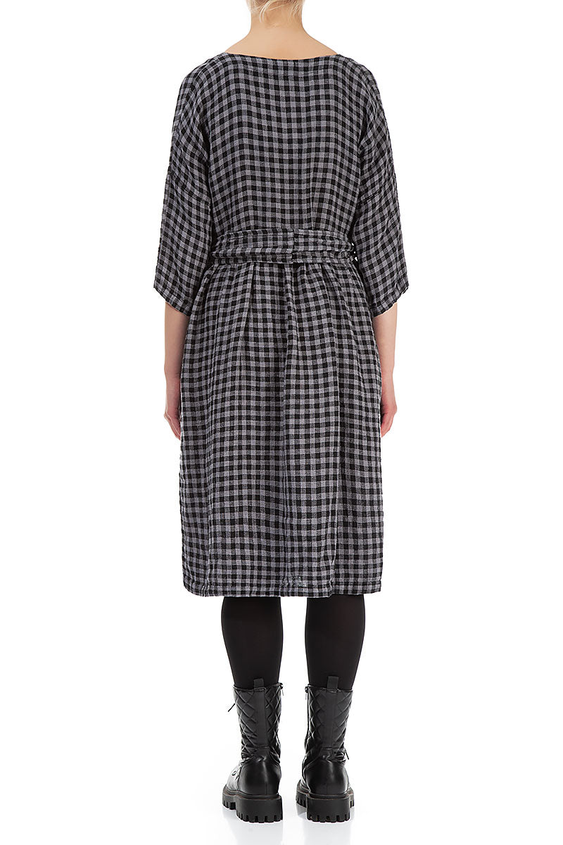V-Neck Grey Check Linen Dress