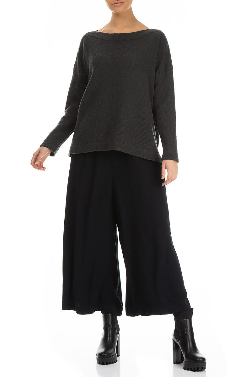 Wide Cropped Dark Navy Viscose Trousers