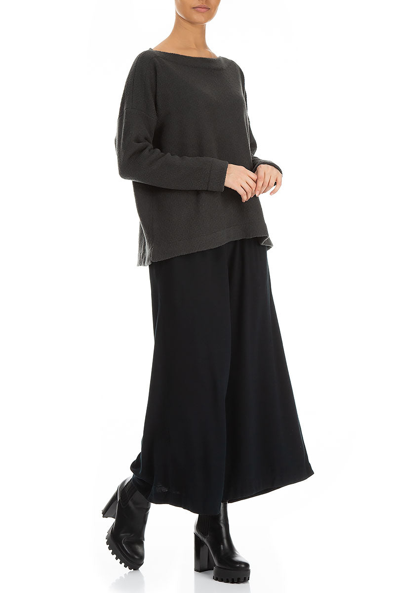 Wide Cropped Dark Navy Viscose Trousers