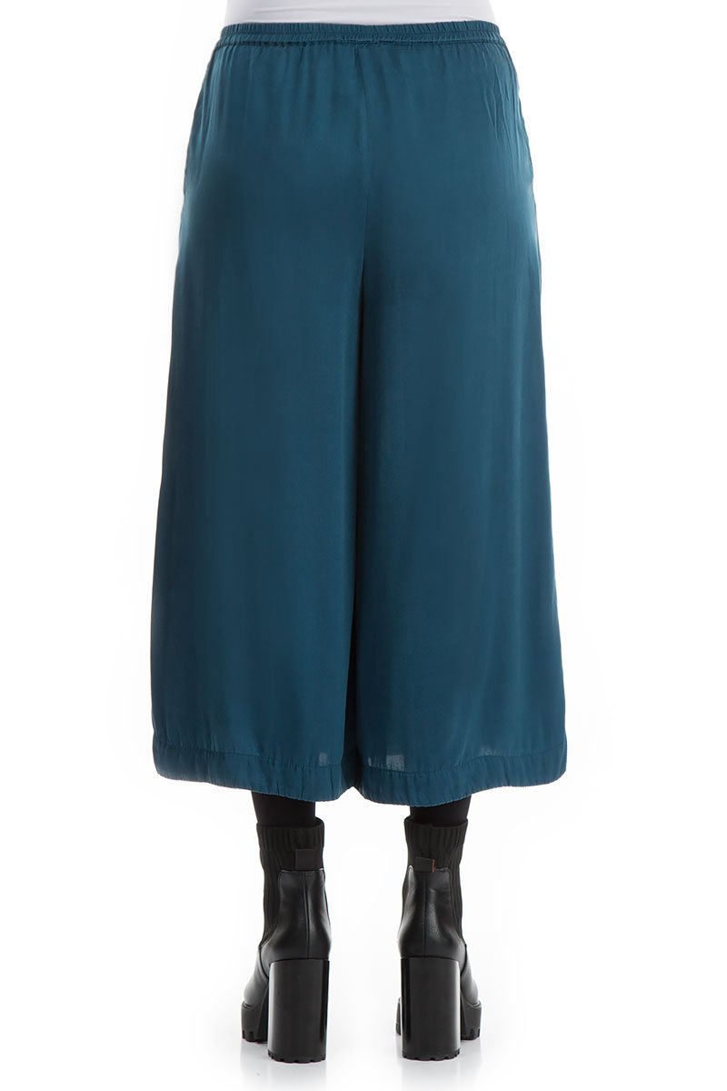 Wide Cropped Peacock Blue Silk Trousers