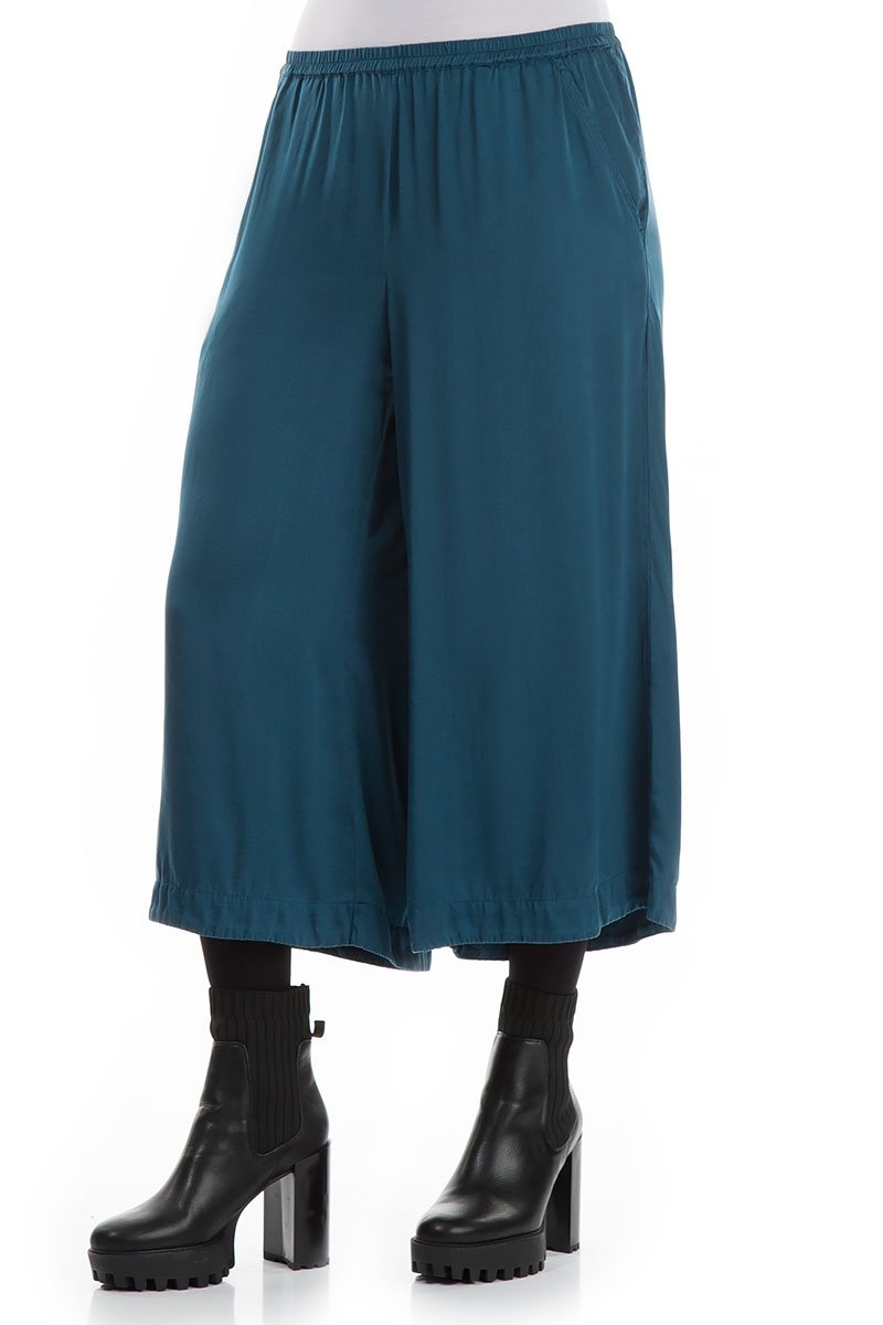 Wide Cropped Peacock Blue Silk Trousers