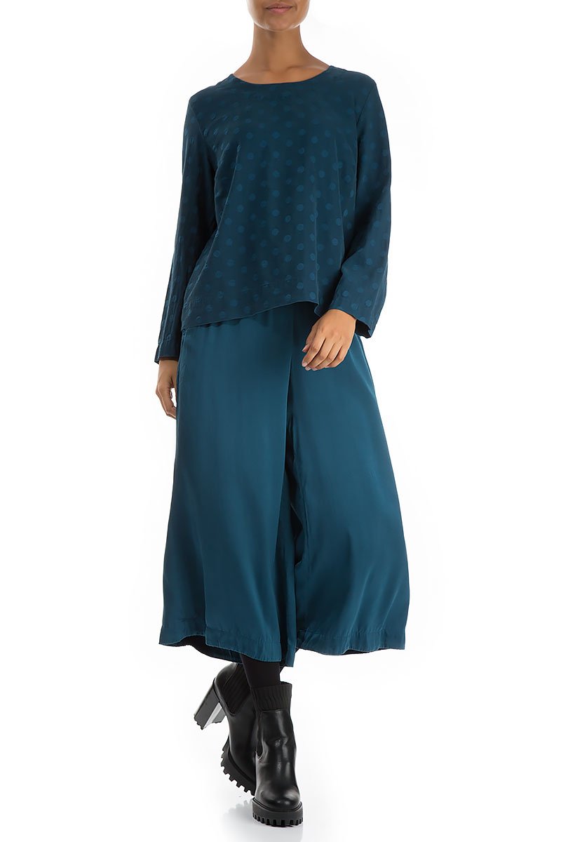 Wide Cropped Peacock Blue Silk Trousers