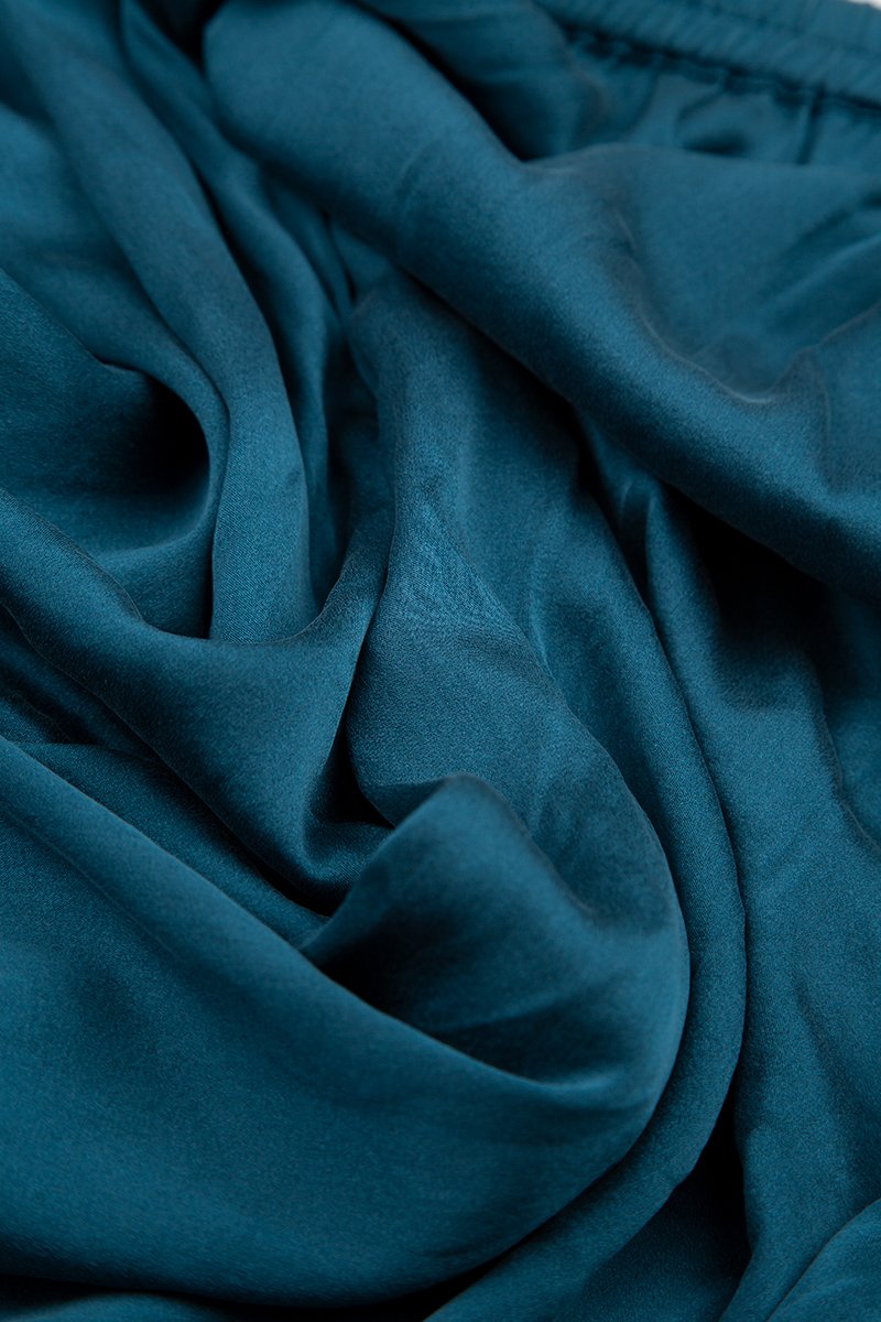 Wide Cropped Peacock Blue Silk Trousers