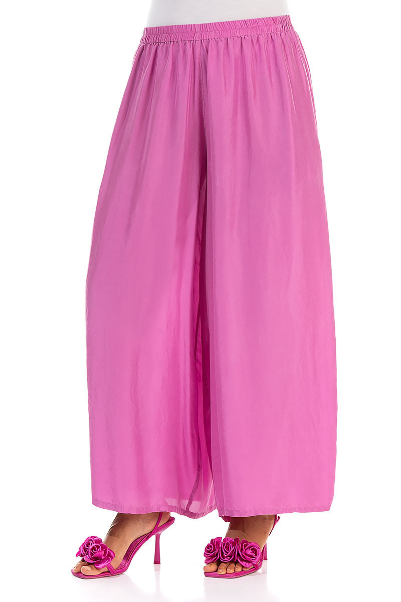 Wide Flowy Wild Berry Pure Silk Trousers
