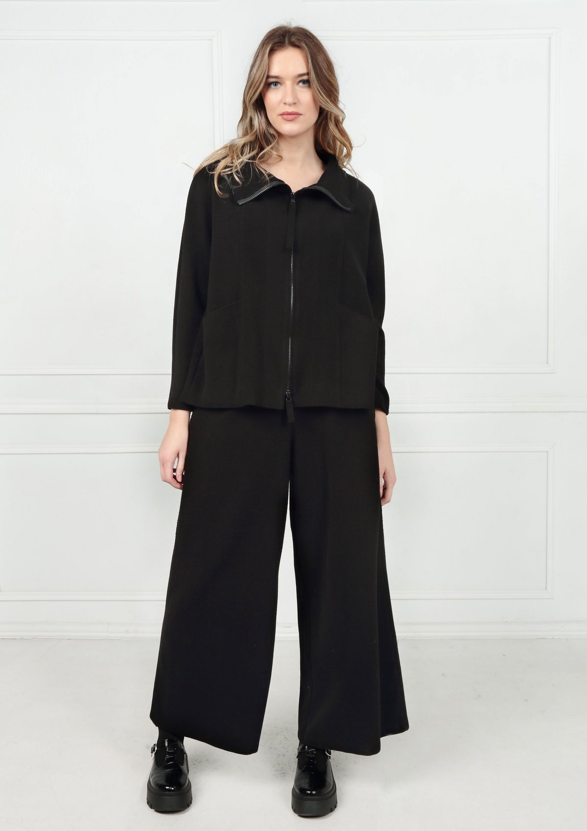 Wide Leg Black Warm Cotton Trousers