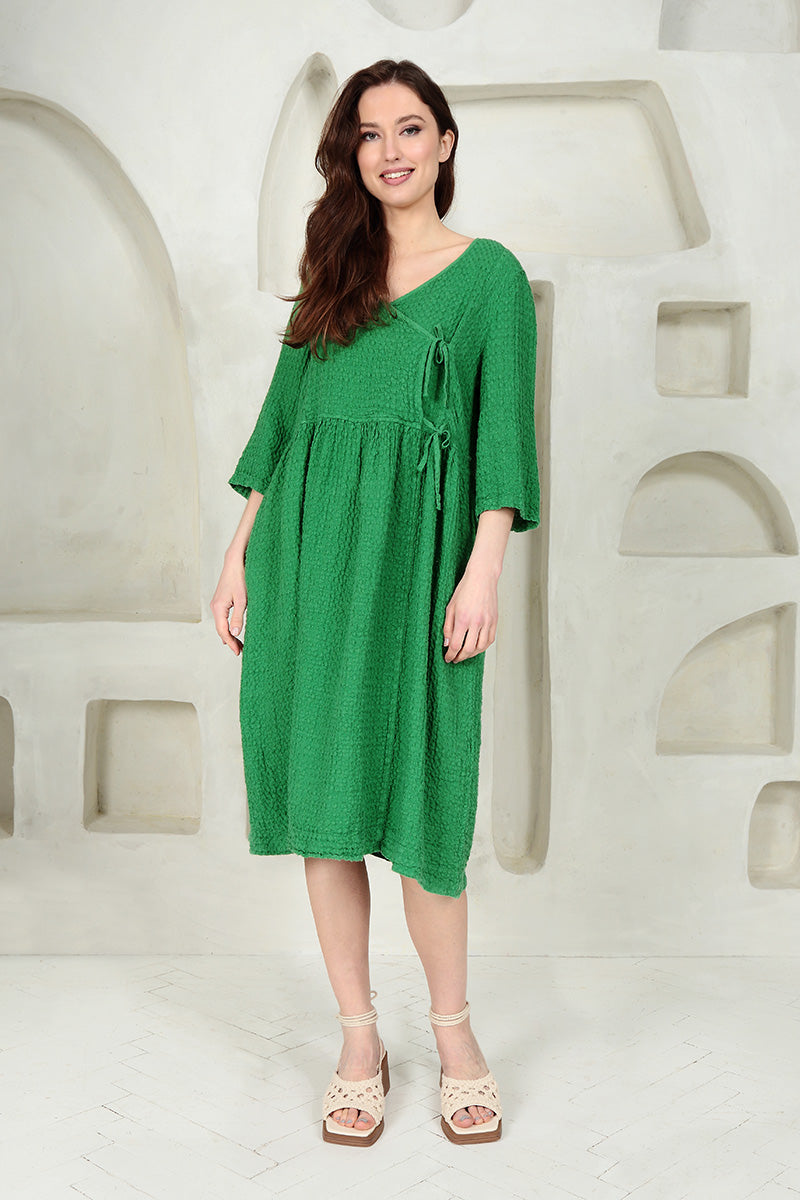 Wrap Textured Spring Green Linen Dress