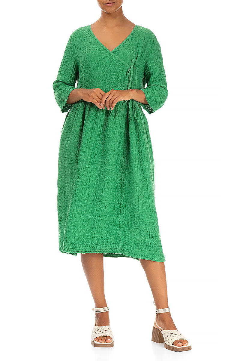 Wrap Textured Spring Green Linen Dress