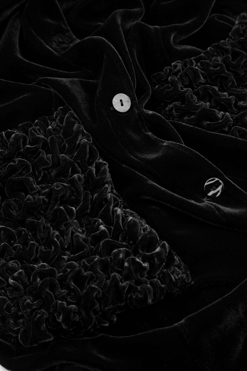 Ruched Pockets Black Silk Velvet Jacket - Coat