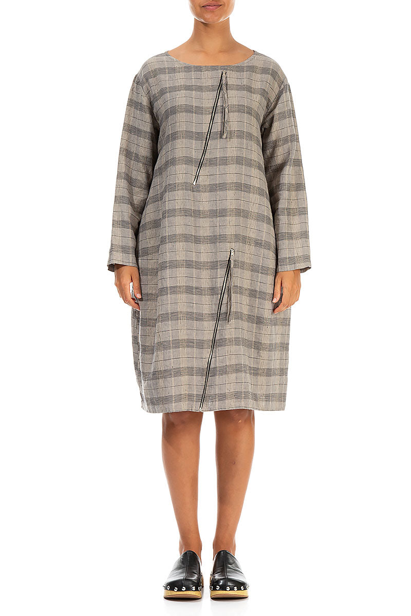 Zips Embellished Greige Check Linen Dress