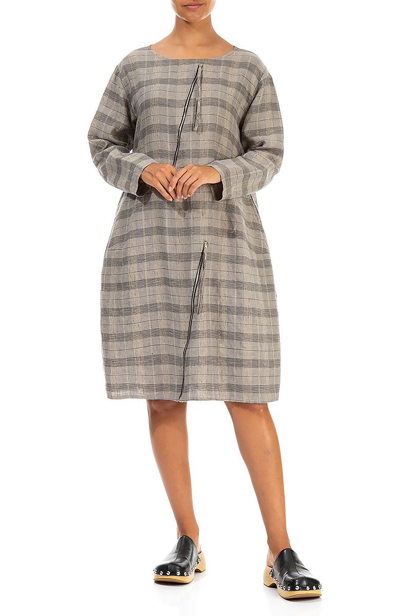 Zips Embellished Greige Check Linen Dress