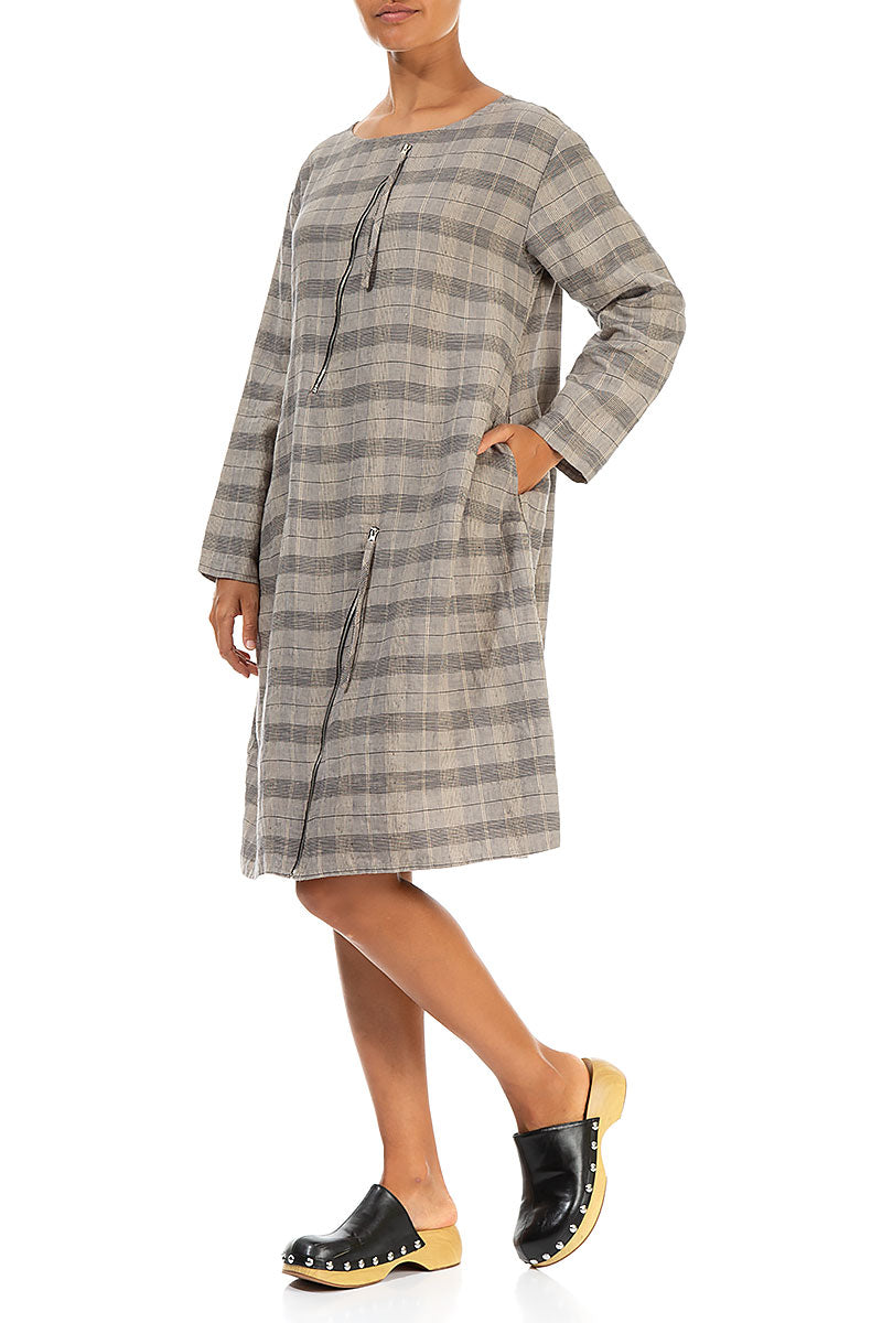 Zips Embellished Greige Check Linen Dress
