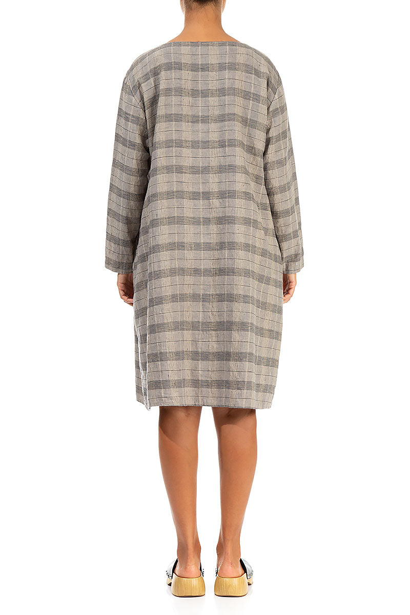 Zips Embellished Greige Check Linen Dress